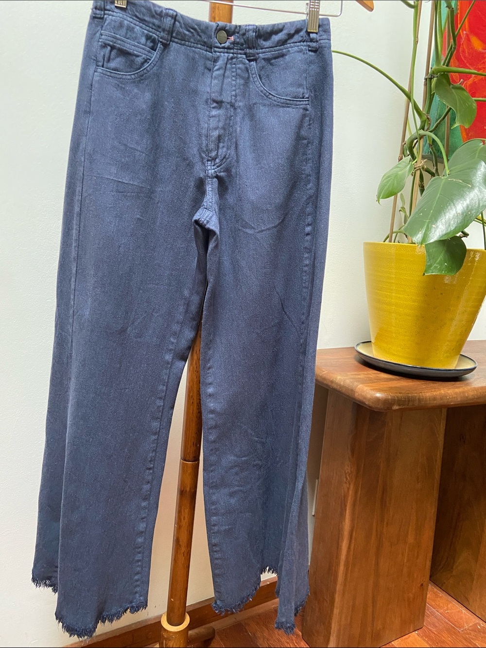 PILCRO Dark Indigo Raw Hem Wide-Leg Linen Blend Pants